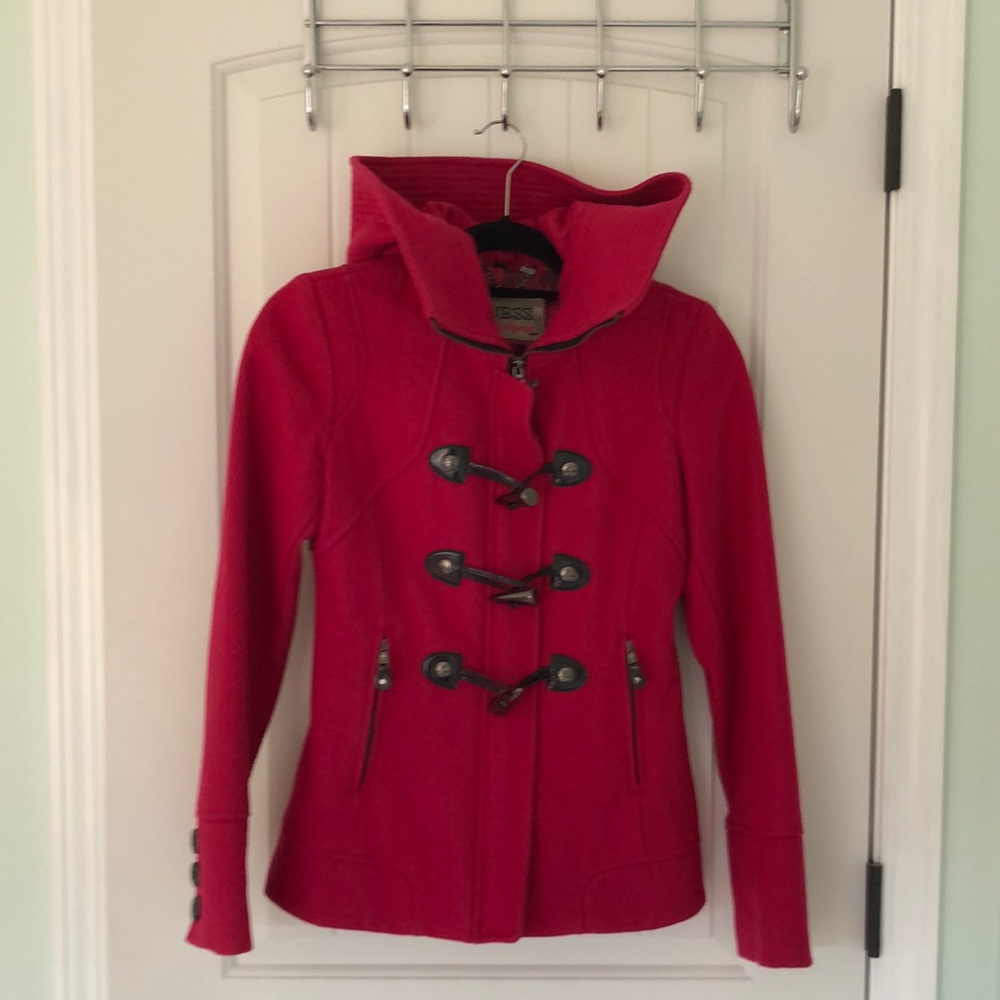 Guess size XS wool hot pink zippered toggle coat